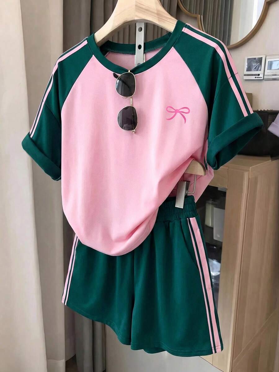 SHEIN 青少年女孩 2件/套 灰色針織休閒寬鬆版型美式英文標語印花圓領短袖T恤與印花短褲,適合夏季、街頭運動 - 彩色 - 查看 1