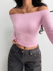 Black Off-Shoulder Fitted Casual Long Sleeve Basic Base Layer T-Shirt - Pink - View 8