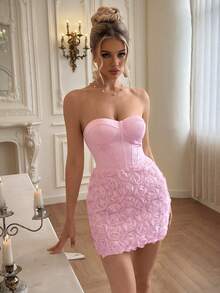 Poshira Robe de cocktail sans bretelles élégante pour femmes avec décoration florale 3D et taille marquée - Rose bonbon - Voir 5