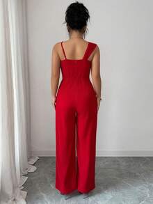 Elenzga Spring/Summer Women's Elegant Exquisite Asymmetric Neckline Cinched Waist Rhinestone Buckle Decor Button Pearl Shoulder Strap Jumpsuit, Suitable For Work, Commuting, Shopping And More Occasions - Red - View 2
