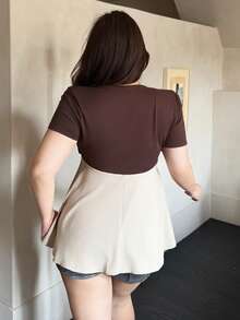Vibekara Camiseta de mujer 2 en 1 talla grande primavera/verano, cuello en V, manga corta, cintura ceñida, línea A, lazo con nudo, bloques de color, elegante, vintage, juguetona, linda, deseo puro, estilo francés, vacaciones, casual - Multicolor - Ver 2