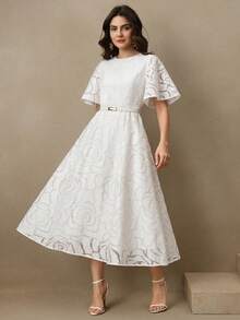 Savoree Elegant 3D Embossed Floral Jacquard White Cinched Waist Round Neck Flutter Sleeve Midi Dress For Women - White - View 3