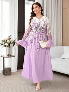 Reflora Robe élégante à col en V et manches cloche avec imprimé floral pour femmes grandes tailles - Multicolore - Voir 5