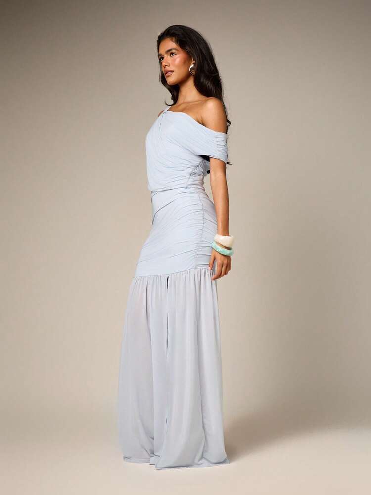 AiiRZ Robe longue drapée à épaules dénudées en maille avec fronces et fente haute sur la cuisse pour les occasions de soirée, mariage, bal