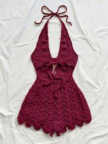 Mono de mujer con textura de ganchillo, espalda descubierta, cuello halter y escote en V, para vacaciones en la playa - Gris - Ver 9