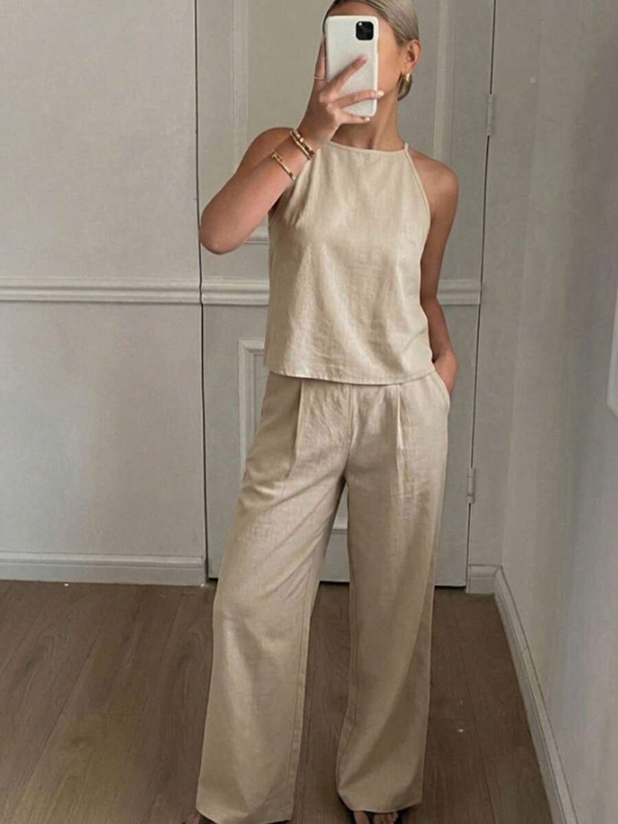 DAZY Women's Summer Striped Spaghetti Strap Top And Pants Casual 2 Pieces Set - Apricot - View 1