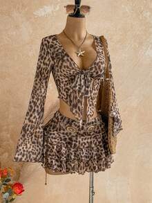 Soleia American Hot Girl Style Leopard Print Mesh Sheer V-Neck Lace-Up Waist Cinched Multi-Layer Ruffle Bell Sleeve Two Pieces Set - Multicolor - View 4