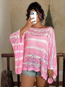 Travachic Sweater Lengan Kelelawar Berlubang Warna Polos Ukuran Besar Modis untuk Wanita, Pakaian Musim Gugur dan Musim Dingin - Berwarna merah muda - View 4