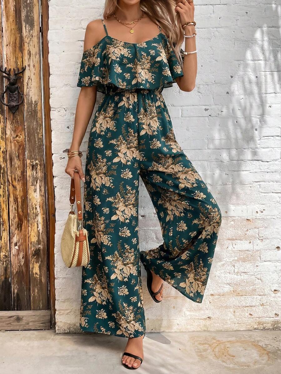 SHEIN Clasi 女款春夏優雅浪漫度假風細肩帶連身褲 - 墨綠色 - 查看 1