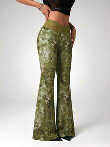 SHEIN ICON 夏季 Y2k 女款外出西式波希米亞風綠色度假腰果花紋喇叭褲 - 軍綠色 - 查看 5
