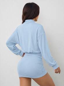 SHEIN PETITE 高領落肩百褶修身洋裝，適合嬌小女性 - 淺藍色 - 查看 2