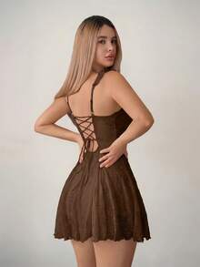 Sweetina Women's Solid Color Ruffle Back Tie Fashion Mini Dress - Brown - View 1