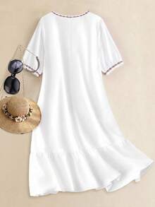 EMERY ROSE Plus Size Versatile Heavy Floral Embroidery Ruffle Hem Dress Vacation Business White Summer Bohemian - White - View 2