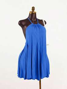 SaltGleam SaltGleam Women's Solid Color Halter Neck Tie Back Open Back Ruched Sexy Date Mini Dress - Blue - View 2