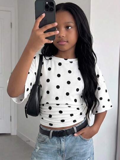 SHEIN Tween Girls Girls Summer New Fashion Elegant Solid Color Casual Versatile Cinched Waist Pleated T-Shirt, Suitable For Daily, School, Beach, Vacation And Wear (White)