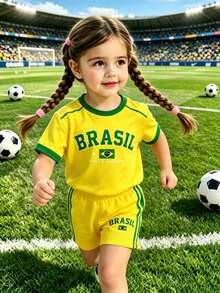 2件組女嬰休閒夏季輕量運動套裝，女童幼兒圓領黃綠色字母「BRASIL」印花短袖上衣搭配側條紋短褲，國旗印花設計，透氣面料，適合休閒、室內、戶外、學校、派對穿著 - 彩色 - 查看 4