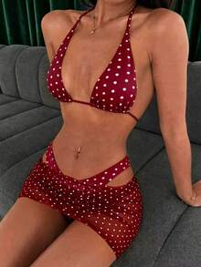 Bonvoyette Conjunto de bikini de 3 piezas con falda de cuello halter y estampado aleatorio para mujer, primavera/verano - Multicolor - Ver 4