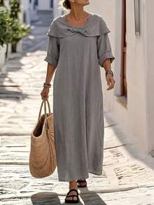Lacomfia Women's Spring/Summer Casual Daily Lapel Design Mid-Sleeve Long Dress Fall - Dusty Blue - View 9