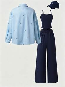 SHEIN 女童3件套：藍色長袖條紋數位印花上衣、深藍色長褲、吊帶背心，適合春夏出遊 - 藍色 - 查看 2