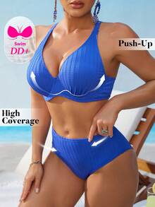 Swim DD+ 女款性感墊臀鋼圈時尚紋理面料 DD+ 皇家藍高腰兩件式夏季比基尼套裝 - 藍色 - 查看 6