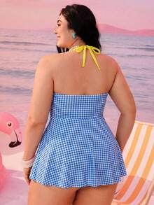 Swim Mod 2026 New Spring/Summer Plus Size Women's Vacation Beach Plaid Halter Tankini Set - Multicolor - View 2