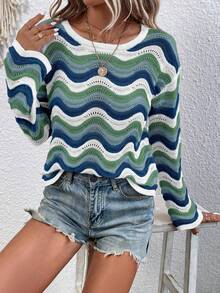 Hotletica Suéter casual de bloques de color con patrón ondulado para primavera/otoño - Multicolor - Ver 3