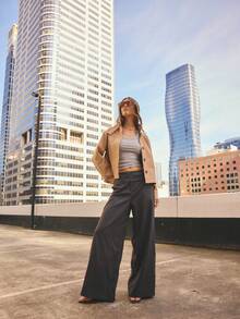 Aralina Pantalones de cintura ancha y tiro bajo con rayas finas para mujer, gris oscuro, elegantes y profesionales para oficina y trabajo en invierno, pantalones de pierna ancha a rayas para mujer - Multicolor - Ver 12