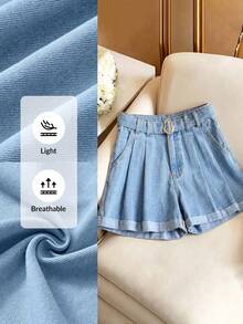 SHEIN Essnce 女款金屬扣時尚口袋百褶牛仔短褲 - 藍色 - 查看 1