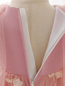 SHEIN Glamorique Kids 香檳色刺繡網紗女嬰公主禮服裙，附3D花朵與披肩，婚禮花童晚宴派對生日正式洋裝 - 藕粉色 - 查看 8