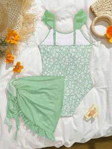 SHEIN Tween Girl All-Over Print One-Piece Swimsuit, Suitable For Beach Vacation, Pool Party, Beach Party - Green - View 2