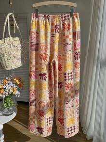 Comfortcana Spring/Summer Vacation Ocean Floral Print Casual Lace-Up Plus Size Long Pants - Multicolor - View 2