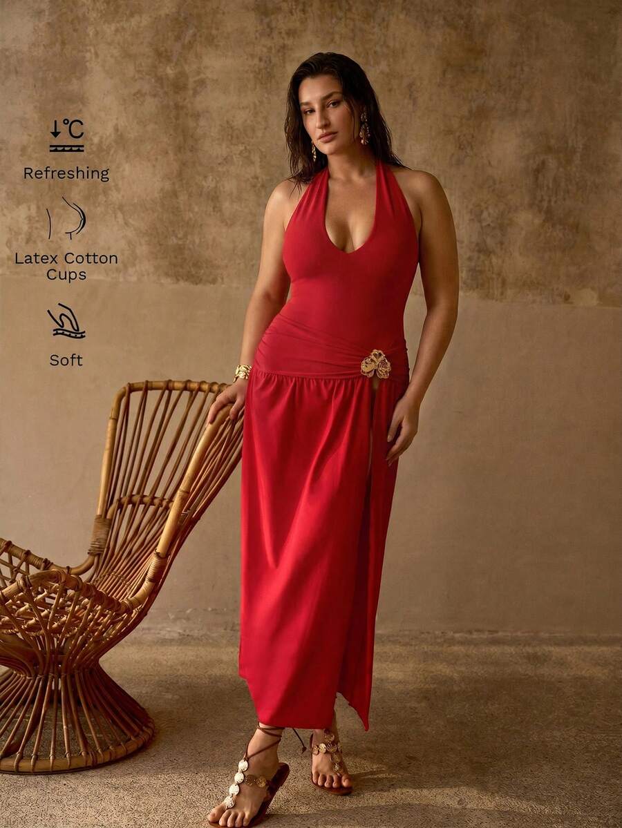 MOTF PREMIUM PLUS SIZE WOMEN'S EXQUISITE ELEGANT HALTER NECK RED RUCHED ROMANTIC METALLIC FAUX FLORAL DECOR FRONT CENTER SPLIT HIGH SLIT ONE-PIECE SWIMSUIT AND COVER UP SKIRT BEACH HOLIDAY ROMANTIC SET - Red - View 1