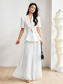 Heiryn Women's White Peplum V-Neck Top Palazzo Pants Set - Summer, Quiet Luxury, Minimalist Basic, Bridal Shower, Graduation Golf - White - View 6