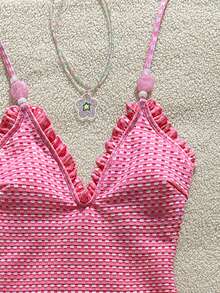 Swim Mod Girls' Special Fabric Pink Lace Halter Neck One-Piece Swimsuit - Multicolor - View 5
