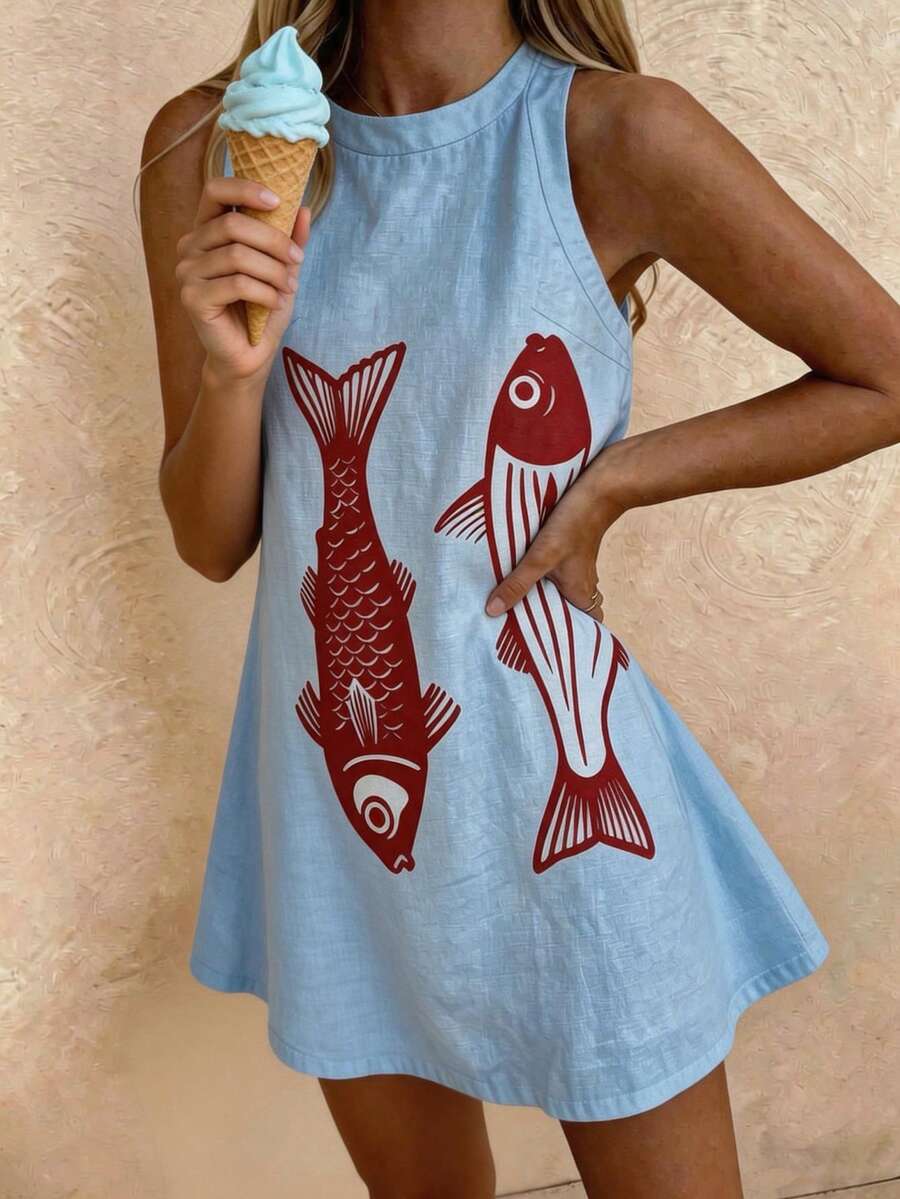 Vaclyn 女款休閒度假時尚魚紋圓領無袖洋裝 - 淺藍色 - 查看 1