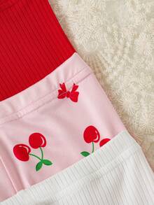 SHEIN Vintaside Kids 3件組女嬰夏季服飾 可愛腮紅粉櫻桃蝴蝶結印花 白色3D裝飾 紅色螺紋波浪邊彈性腰身內搭褲 度假出遊 6個月-3歲 - 彩色 - 查看 6