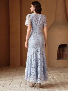Anewsta Women's Elegant Water-Soluble Floral Hollow-Out Long Dress - Blue - View 3