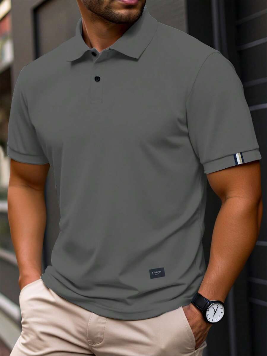 Manfinity Homme Kemeja Polo Bisnis Lengan Pendek Kerah Kancing Pria Ukuran Besar untuk Musim Panas - Dark Grey - View 1