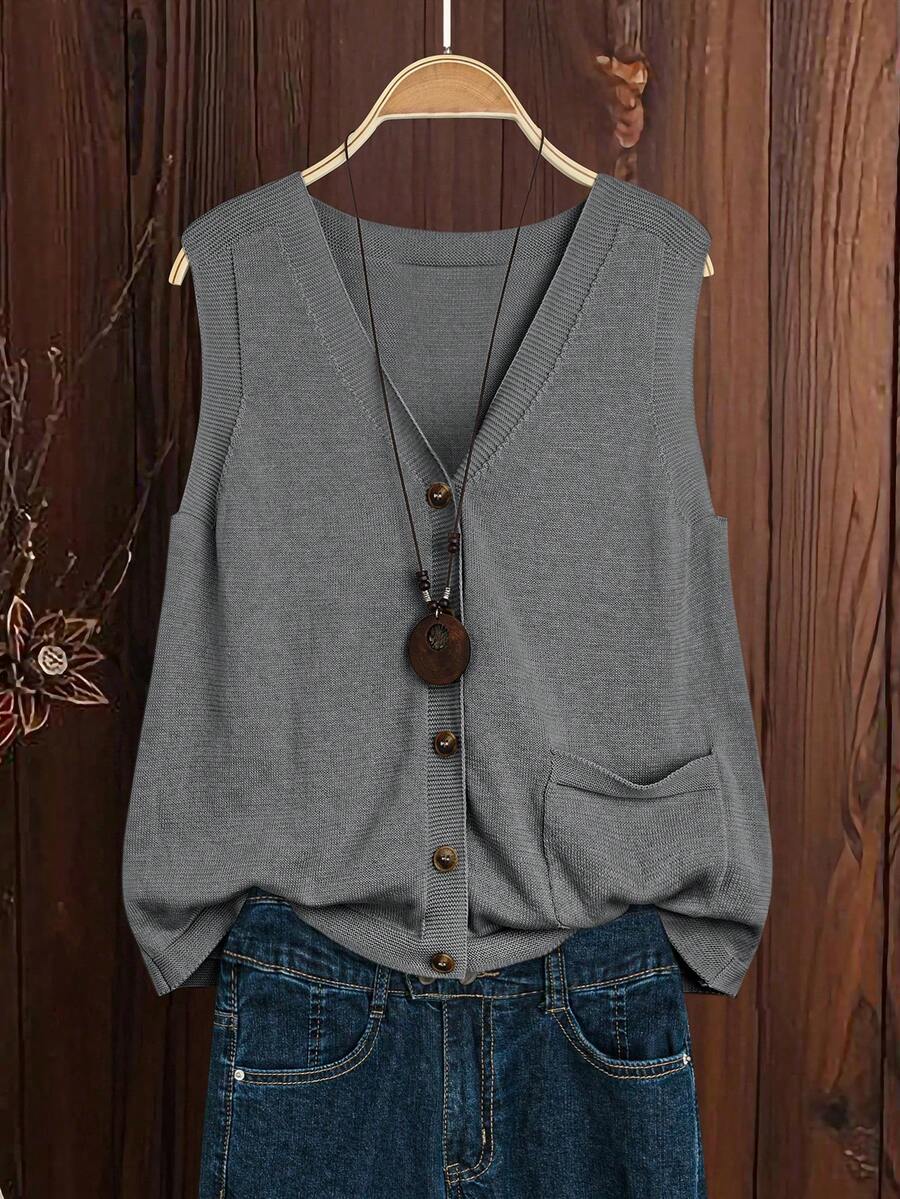 EMERY ROSE New Women's Button-Up Versatile Elegant Simple Pocket Knit Vest - Light Grey - View 1