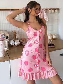 SweetSlumber Sweet Cute Ins Strawberry Print Ruffle Trim Camisole Women's Nightgown - Watermelon Pink - View 5