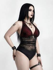 ROMWE Goth 2026新款春夏大尺碼女款度假海灘蜘蛛網網格掛脖式分體式比基尼套裝 - 彩色 - 查看 5