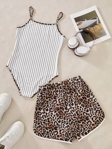 SHEIN 2pcs/Set Teen Girl Knitted White Summer Gothic Leopard Print & Letter Camisole And Shorts Set,Suitable For Sports,Cycling,Running,Basketball Wear - Brown - View 2
