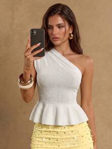SHEIN BAE Asymmetrical Shoulder Waist-Defining Elegant Slim Fit Women's Sweater - Beige - View 1