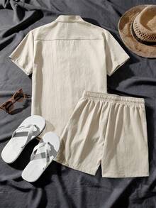 VENTUSAIL Men's Single-Breasted Lace Patchwork Pocket Short Sleeve Shirt And Drawstring Waist Shorts Set, Holiday - Apricot - View 2