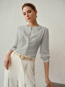 MOTF PREMIUM WOMEN'S ELEGANT LACE TRIM LONG SLEEVE BLOUSE - Light Grey - View 1