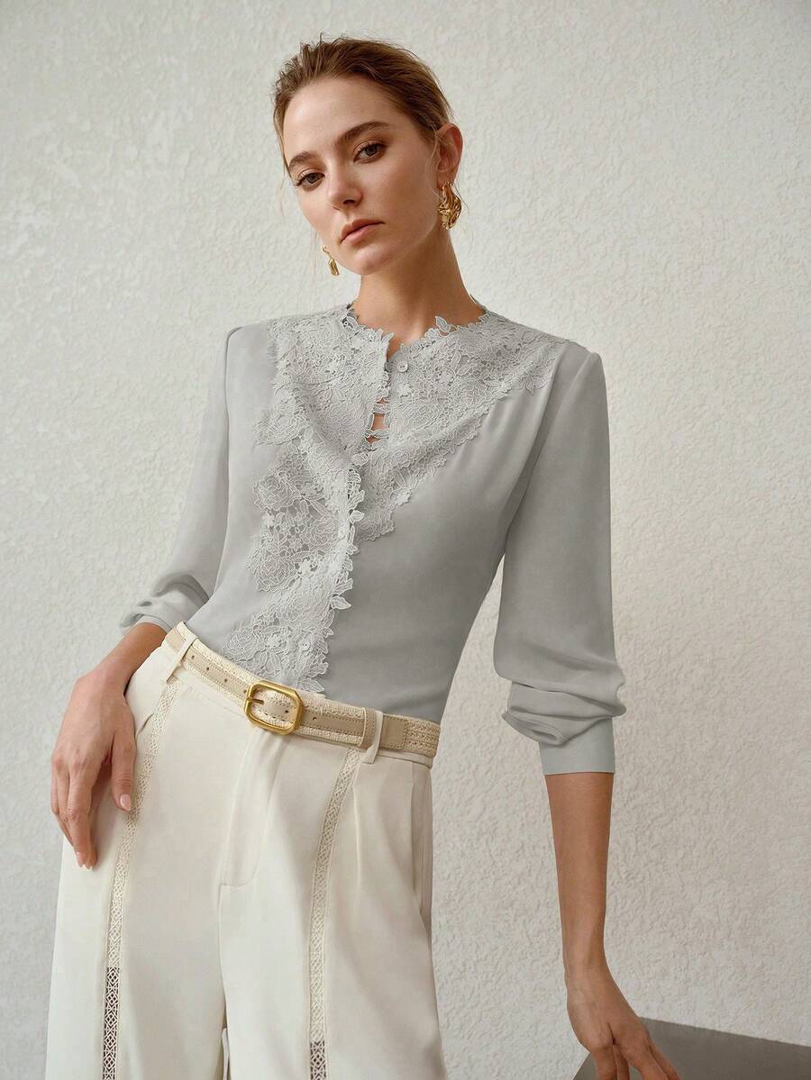 MOTF PREMIUM WOMEN'S ELEGANT LACE TRIM LONG SLEEVE BLOUSE - Light Grey - View 1