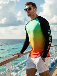 Surfspeed Men's Letter Print Raglan Long Sleeve Ombre Color Surfing T-Shirt,Swim Shirt,Orange And Yellow,Summer,Casual,Beach,Holiday,Vacation,Holiday,Hawaiian - Green - View 3