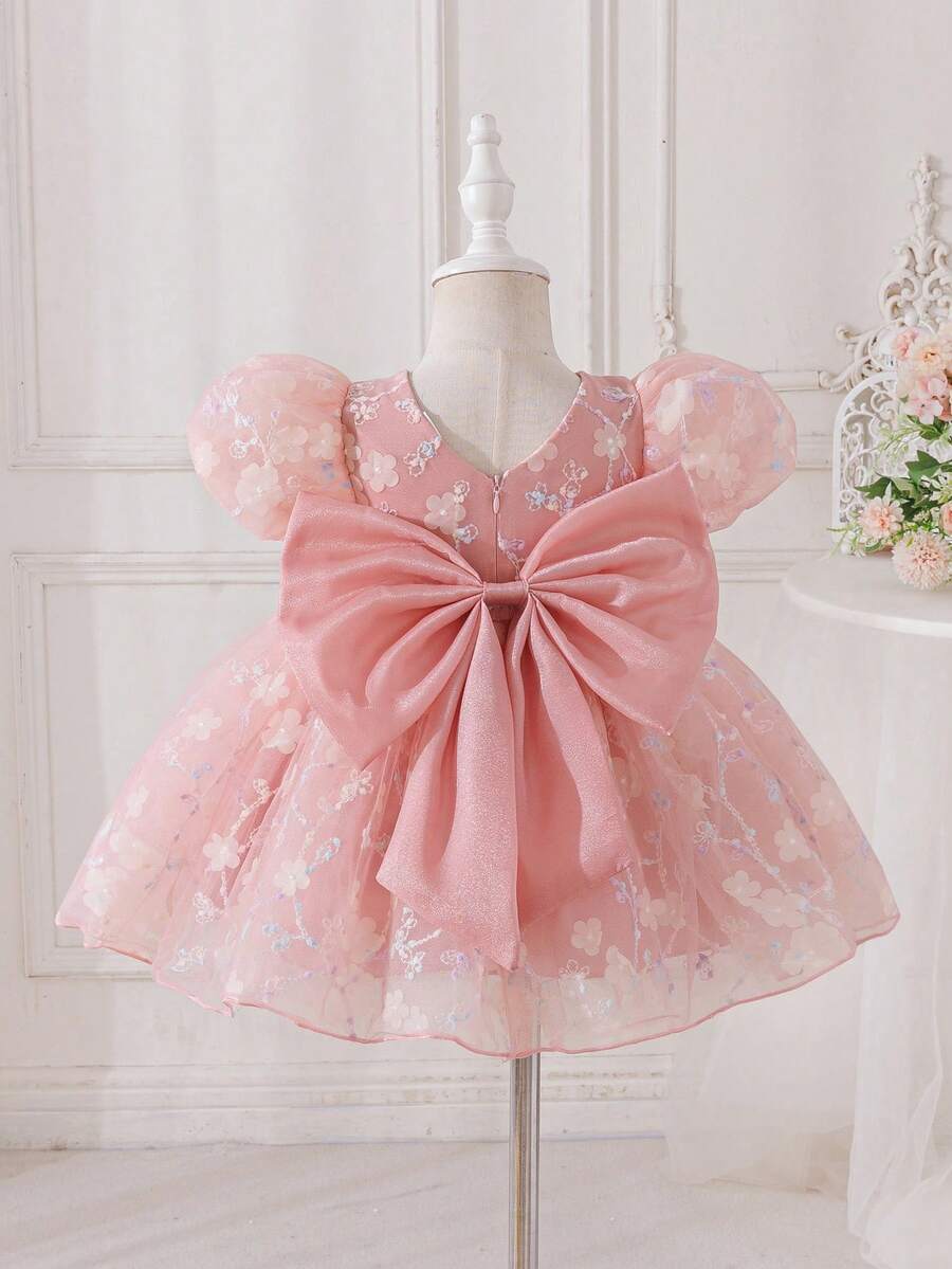 SHEIN Glamorique Kids 女嬰生日派對、婚禮節日舞會禮服裙,後背大蝴蝶結,薄紗3D花朵公主裙,中東、歐美風格,四季皆宜 - 藕粉色 - 查看 1