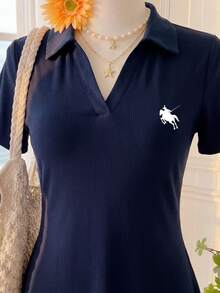 Comfortcana Plus Size Summer Casual Embroidered Detail Dress - Navy Blue - View 6