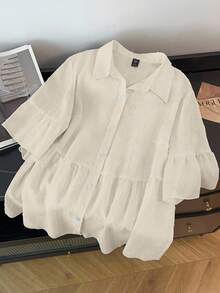 GlowEve CURVE Camisa casual de mujer talla grande de unicolor con botones simples y volantes en el dobladillo - Albaricoque - Ver 1